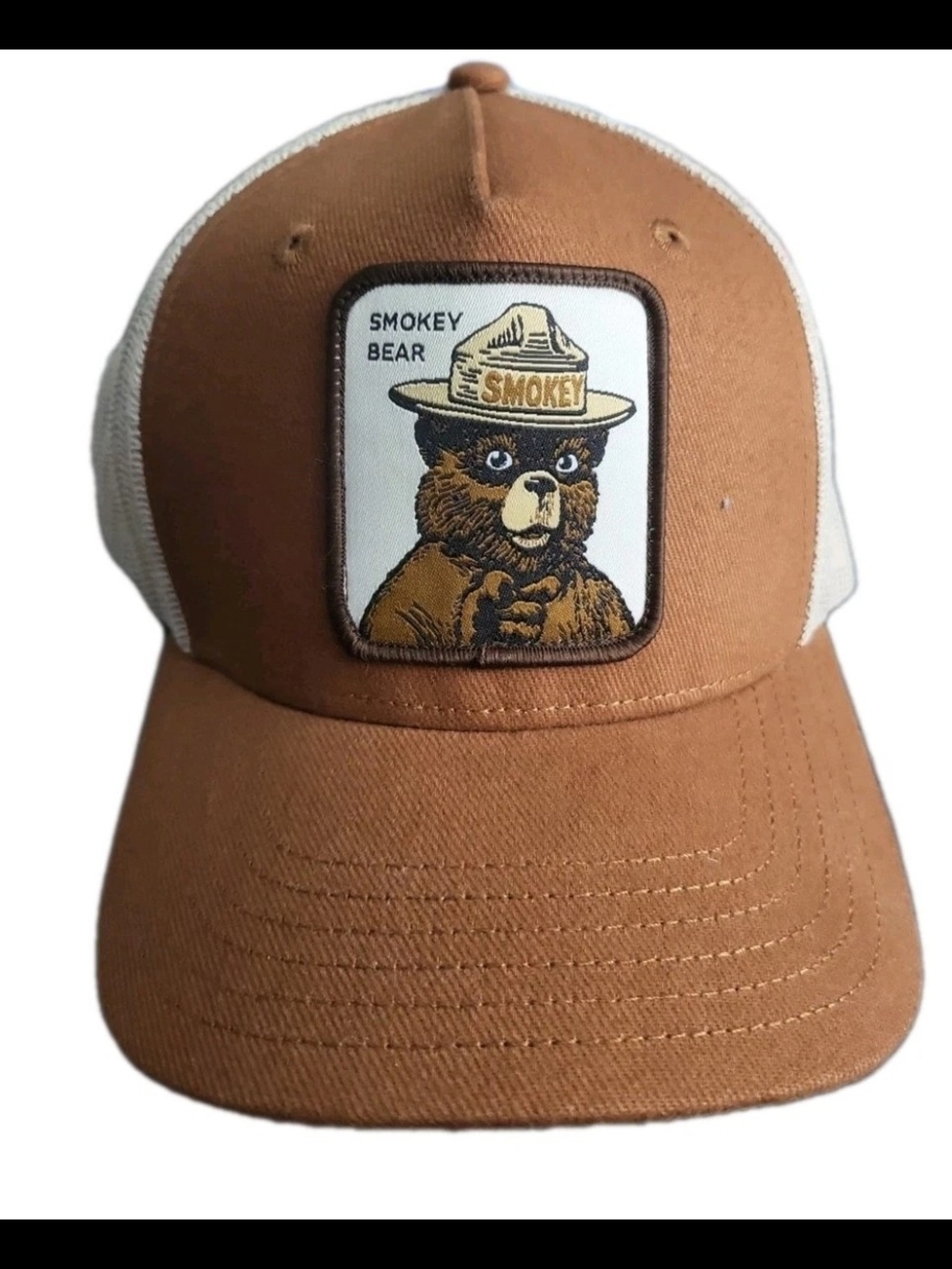 SMOKEY BEAR Brown Fabric Patch Mesh-Back Cap Hat Adjustable Snap Back